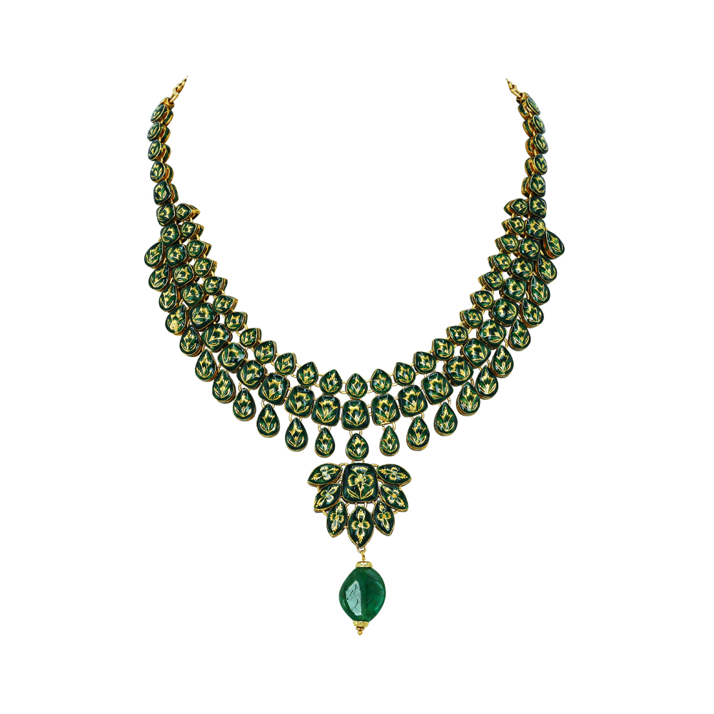 Layered Polki Necklace Set with Emerald Pendant and Kanoti Earrings